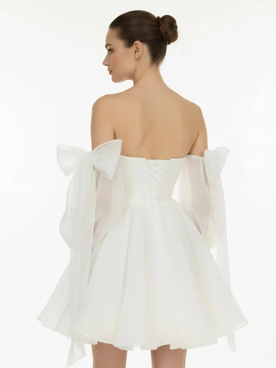 A Line Puff Long Sleeves Short Wedding Dresses With Bows