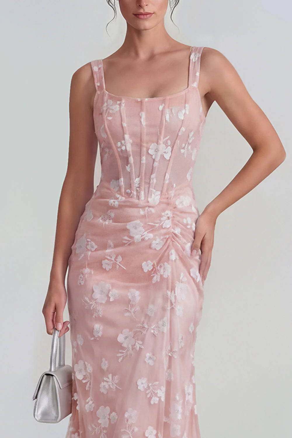 Floral Pink Ruched Mermaid Corset Wedding Guest Dress