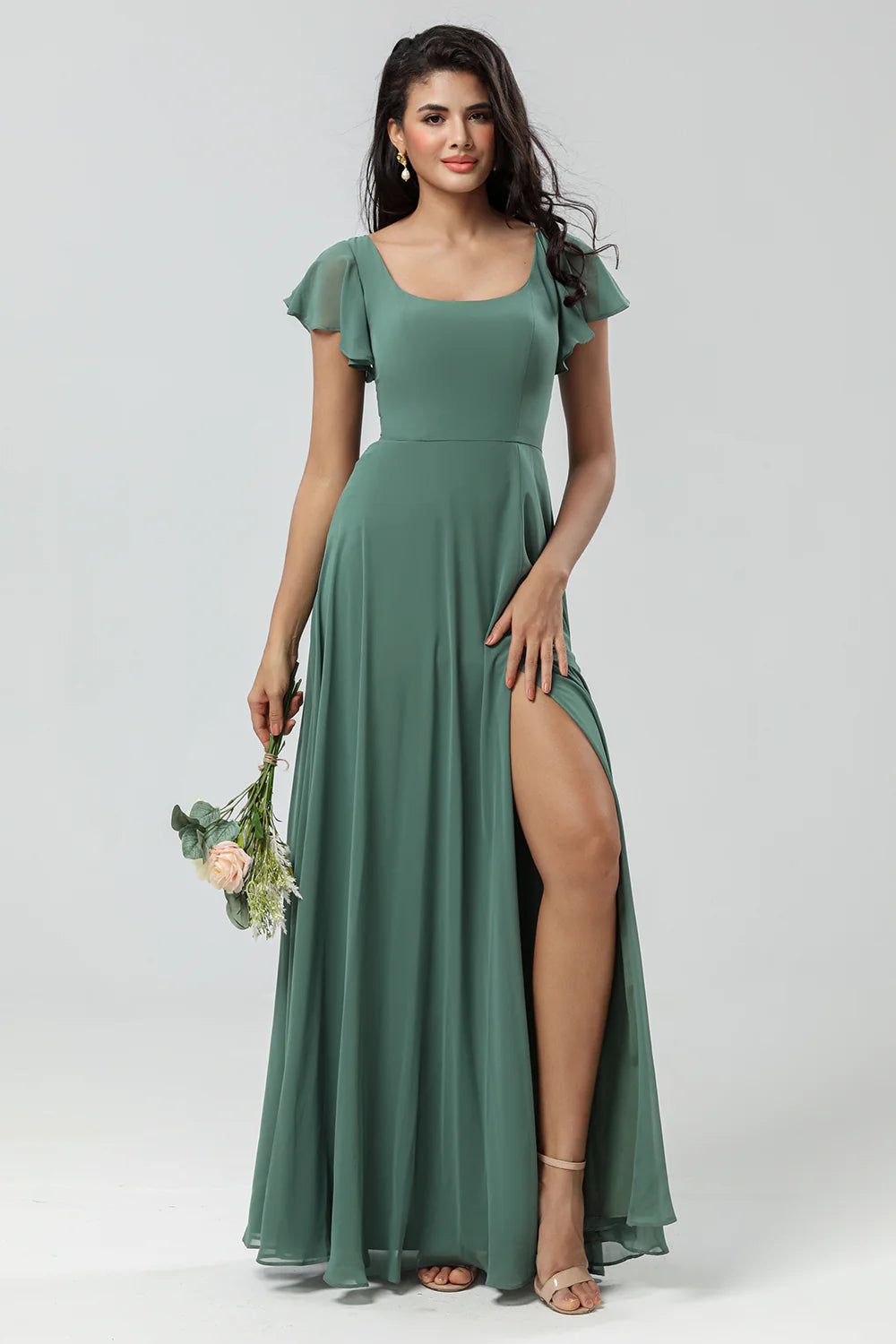 Eucalyptus A Line Square Neck Long Bridesmaid Dress with Slit