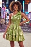 Green One Shoulder Metallic A Line Tiered Short Homecoming Dress
