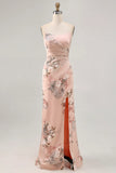 Blush Sheath Strapless Satin Print Long Flower Bridesmaid Dress with Slit