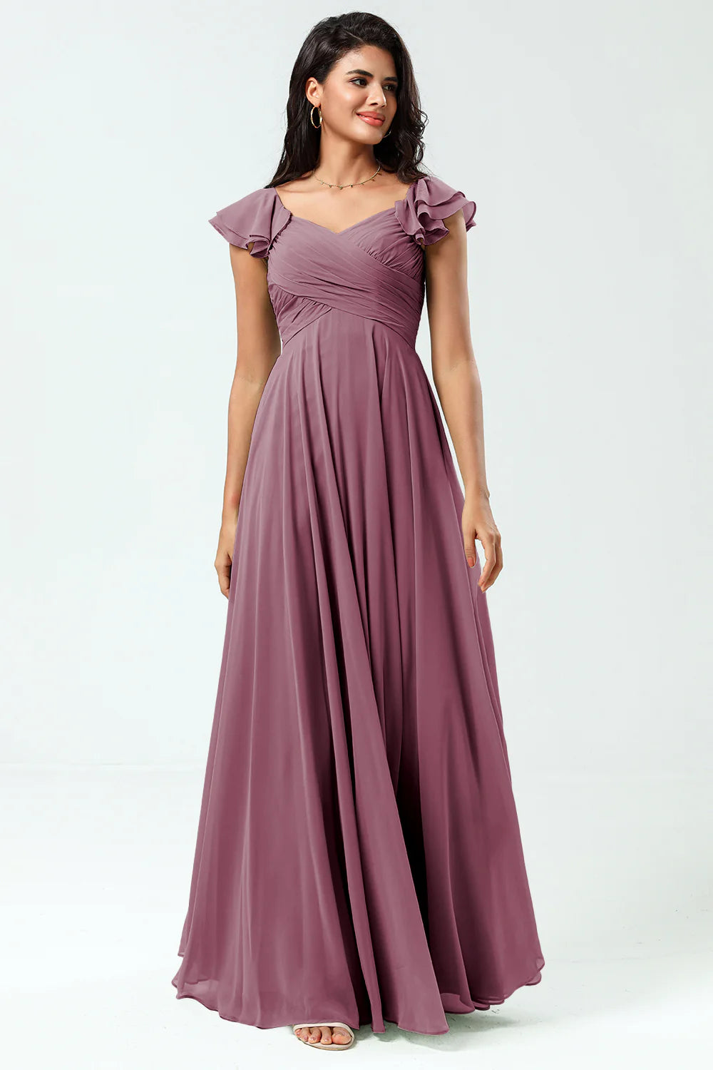 Lace Up Back Cross A Line Chiffon Bridesmaid Dress with Ruffles