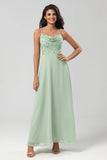Dusty Sage A Line Spaghetti Straps Embroidered Chiffon Bridesmaid Dress