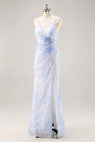 Blue Flower Sheath V Neck Ruched Long Bridesmaid Dress with Slit