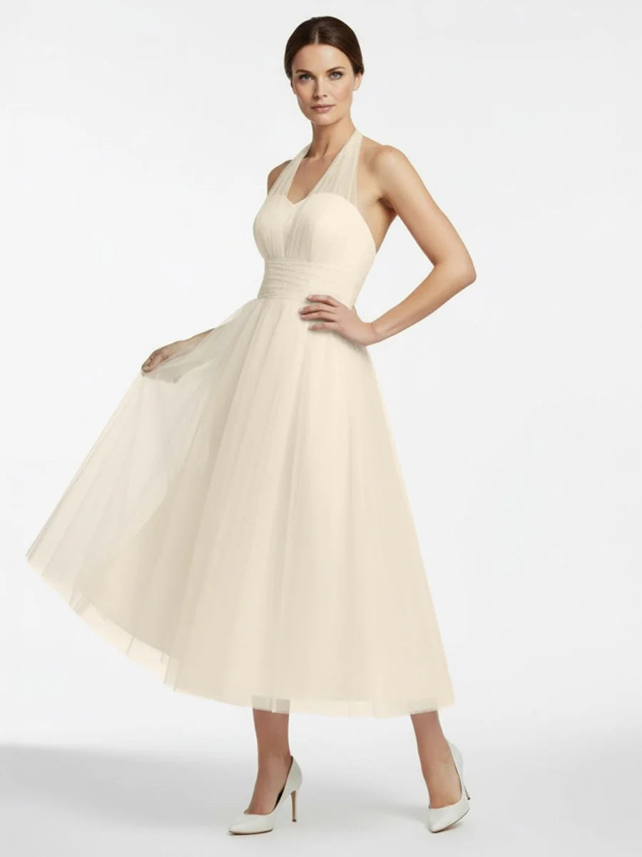 Halter A Line Tea Length Tulle Wedding Dress With Ruching