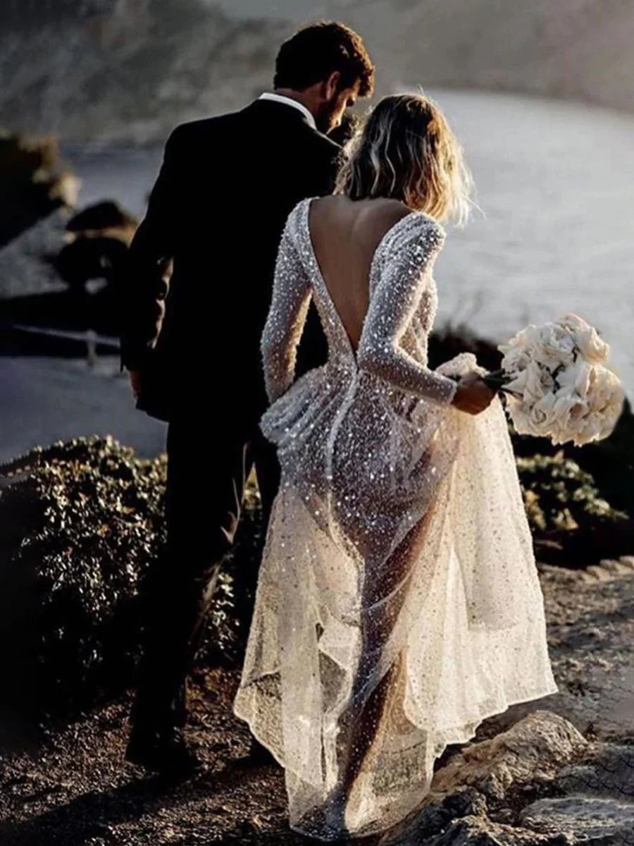 Bohemian A Line Sparkly Sequined Luxury Wedding Dresses