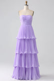 A Line Sweetheart Tiered Floor Length Chiffon Plus Size Lilac Bridesmaid Dress