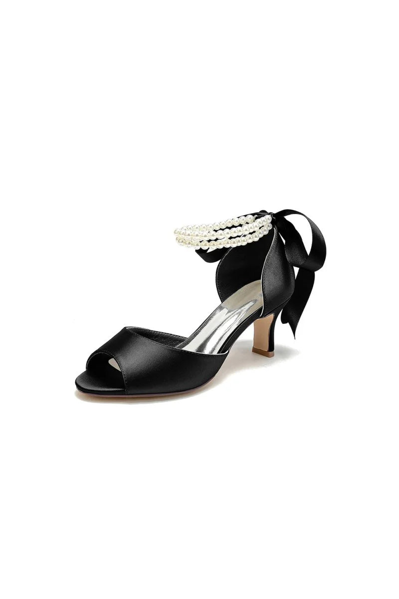 Chic White Satin Heels Featuring a Pearl Embellished Bow