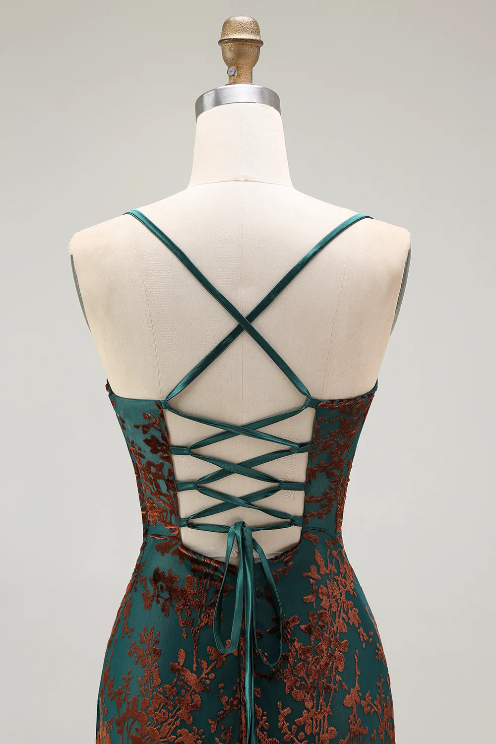 Dark Green Sheath Burnout Velvet Spaghetti Straps Maxi Dress with Lace Up Back