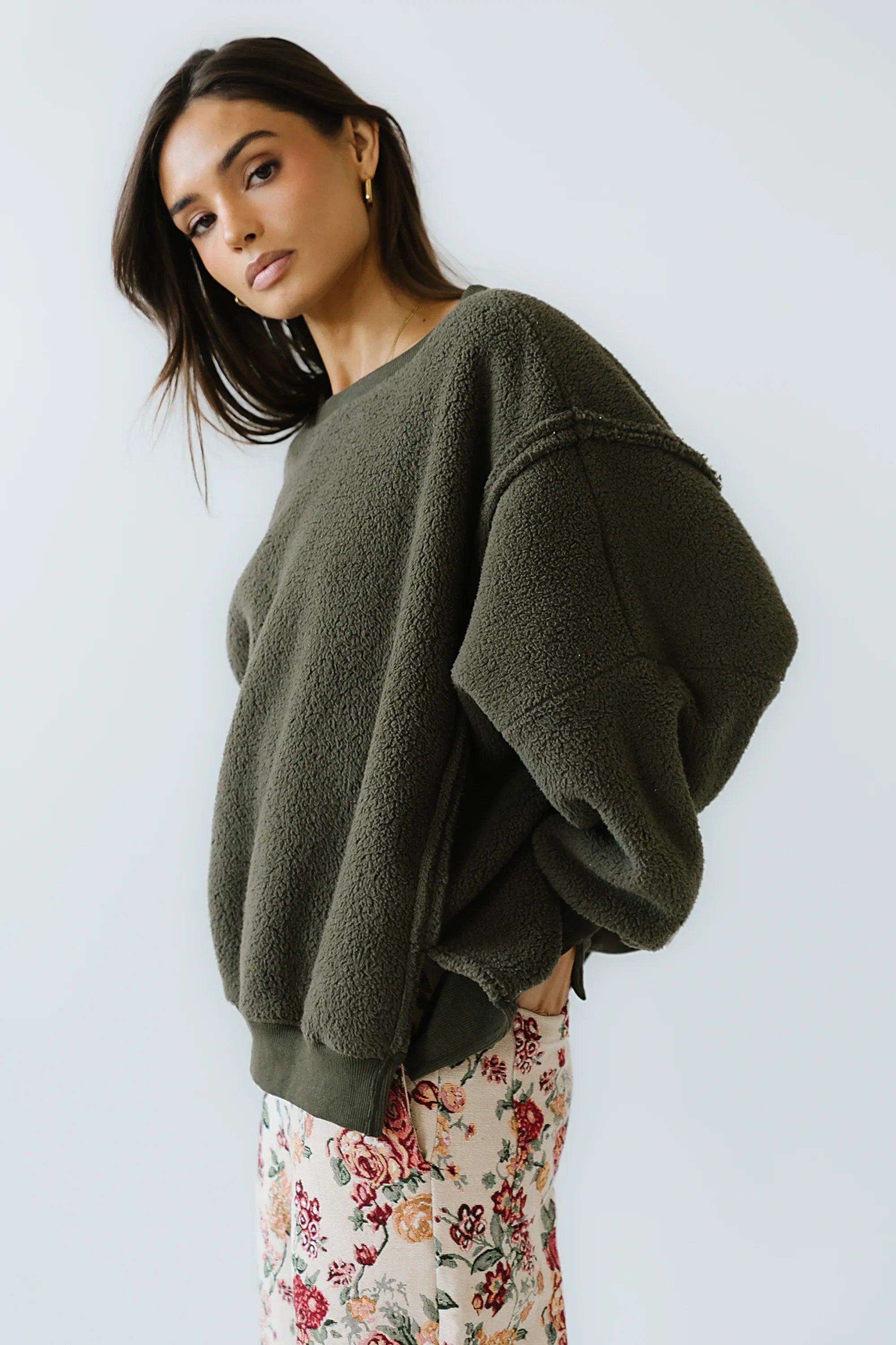 Moxie Oversized Sherpa Sweater in Olive FINAL SALE