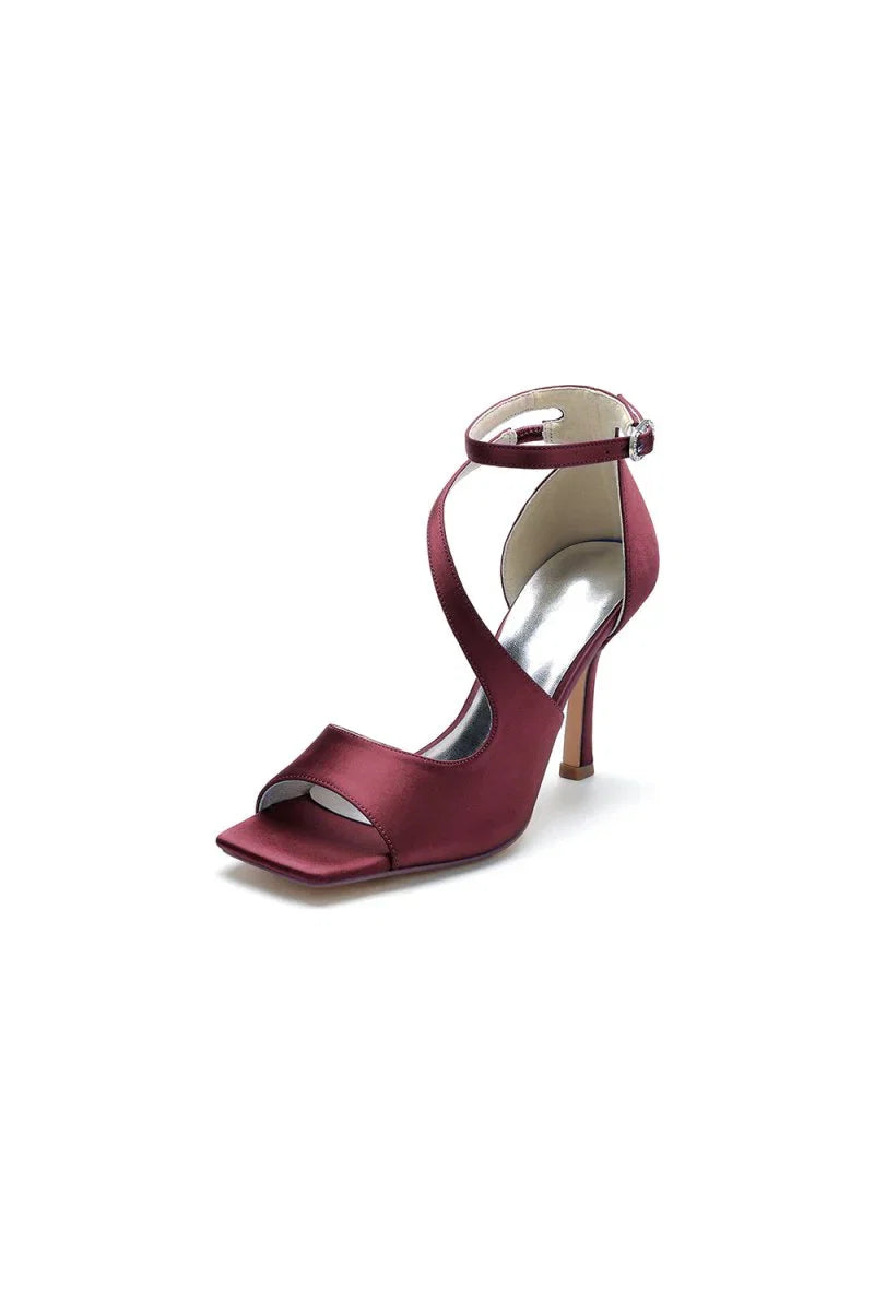 Simple Square Open Toe Ankle Strap Satin Prom Shoes