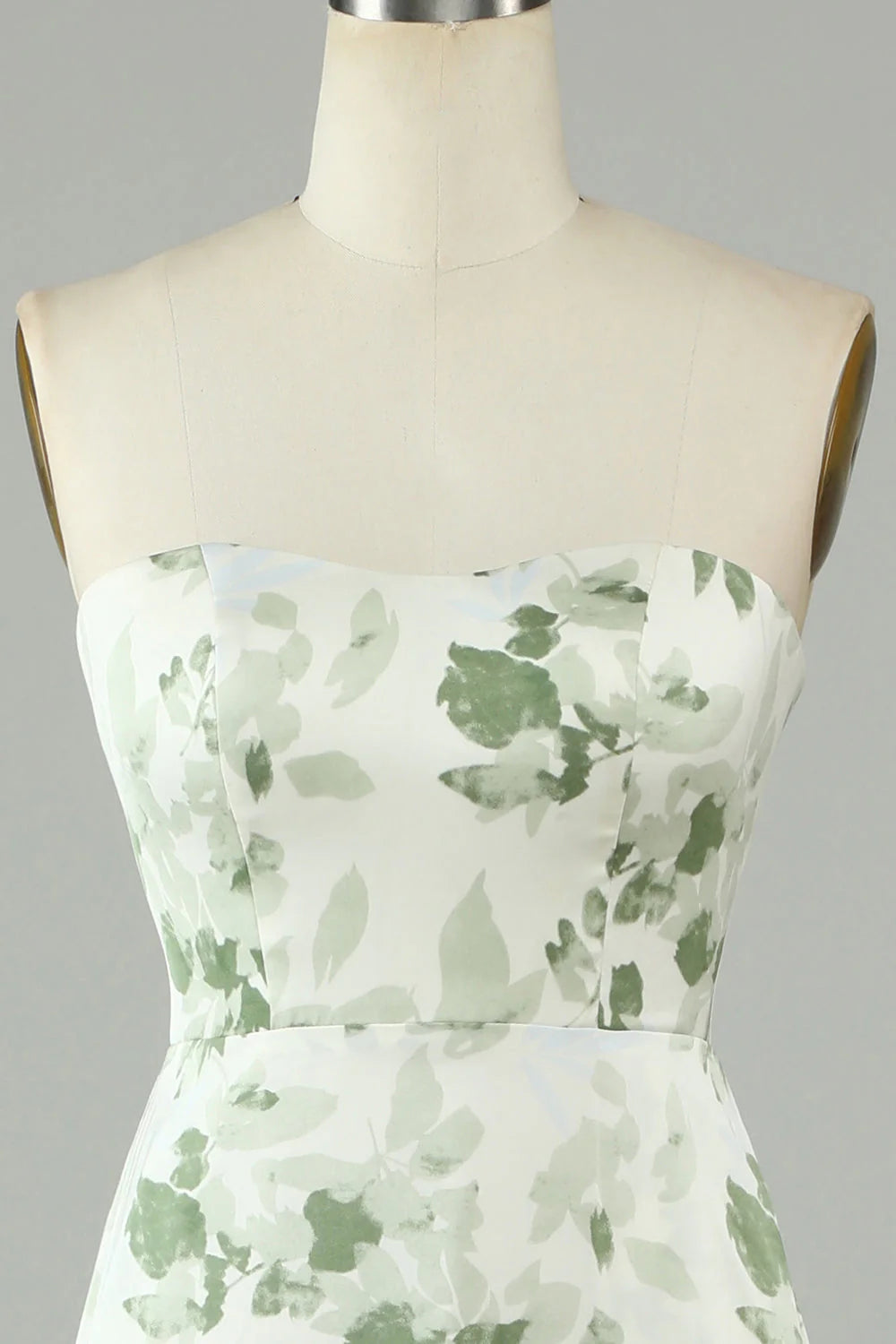 Green Asymmetrical Strapless Print High Low Bridesmaid Dress