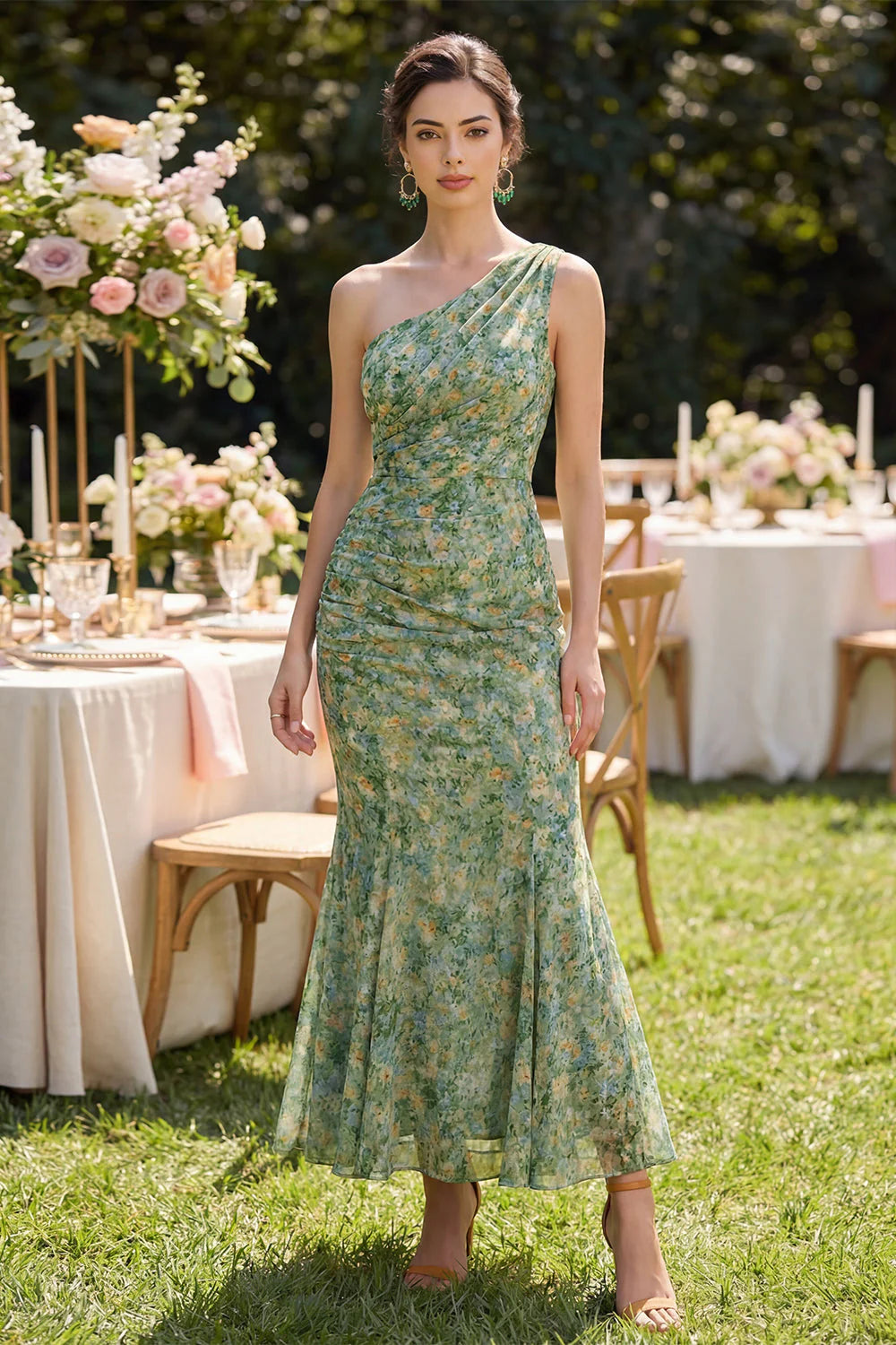 One Shoulder Dusty Green Floral Mermaid Wedding Guest Dress