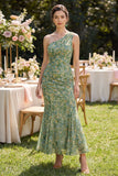 One Shoulder Dusty Green Floral Mermaid Wedding Guest Dress