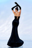 Sparkly Bows Black Strapless Velvet Long Formal Dress With High Slit Not Gloves