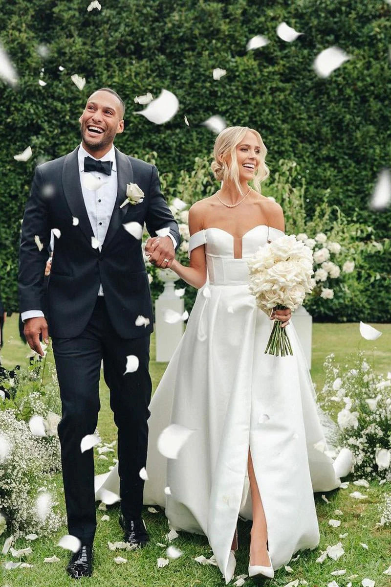A Line V Neck Satin Wedding Dresses with Detachable Straps