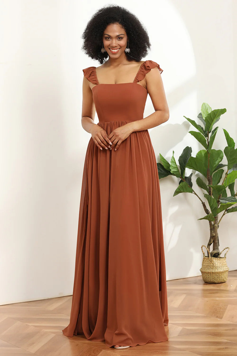 Terracotta A Line Floor Length Chiffon Bridesmaid Dress With Ruffles