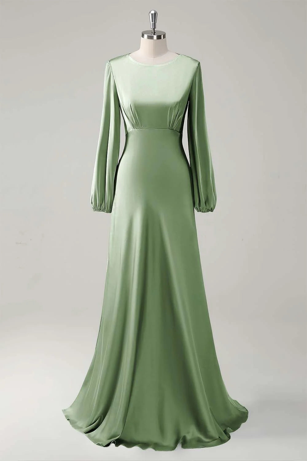 Agave A Line Round Neck Satin Long Bridesmaid Dress with Long Sleeves