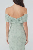 Dusty Sage Floral Mermaid Off the Shoulder Wedding Guest Dress