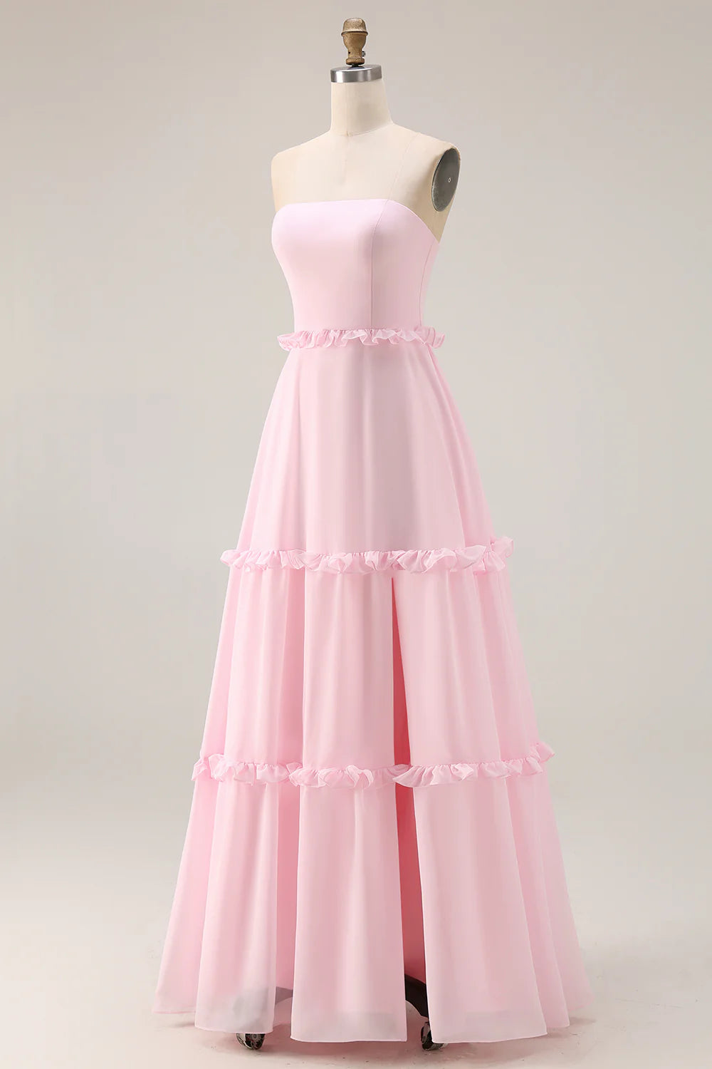 Blushing Pink A Line Strapless Chiffon Long Bridesmaid Dress with Slit