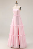 Blushing Pink A Line Strapless Chiffon Long Bridesmaid Dress with Slit