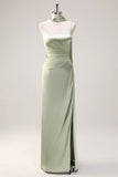 Sage Sheath Spaghetti Straps Streamer Convertible Long Satin Bridesmaid Dress with Slit