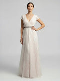 Short Sleeve V neck Pleated Long Lace Wedding Dress