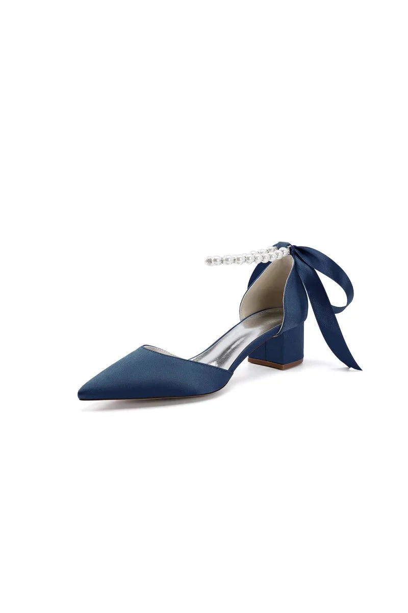 Pointed Toe Satin Pearl Ankle Strap Block Heels With Ribbon Tie