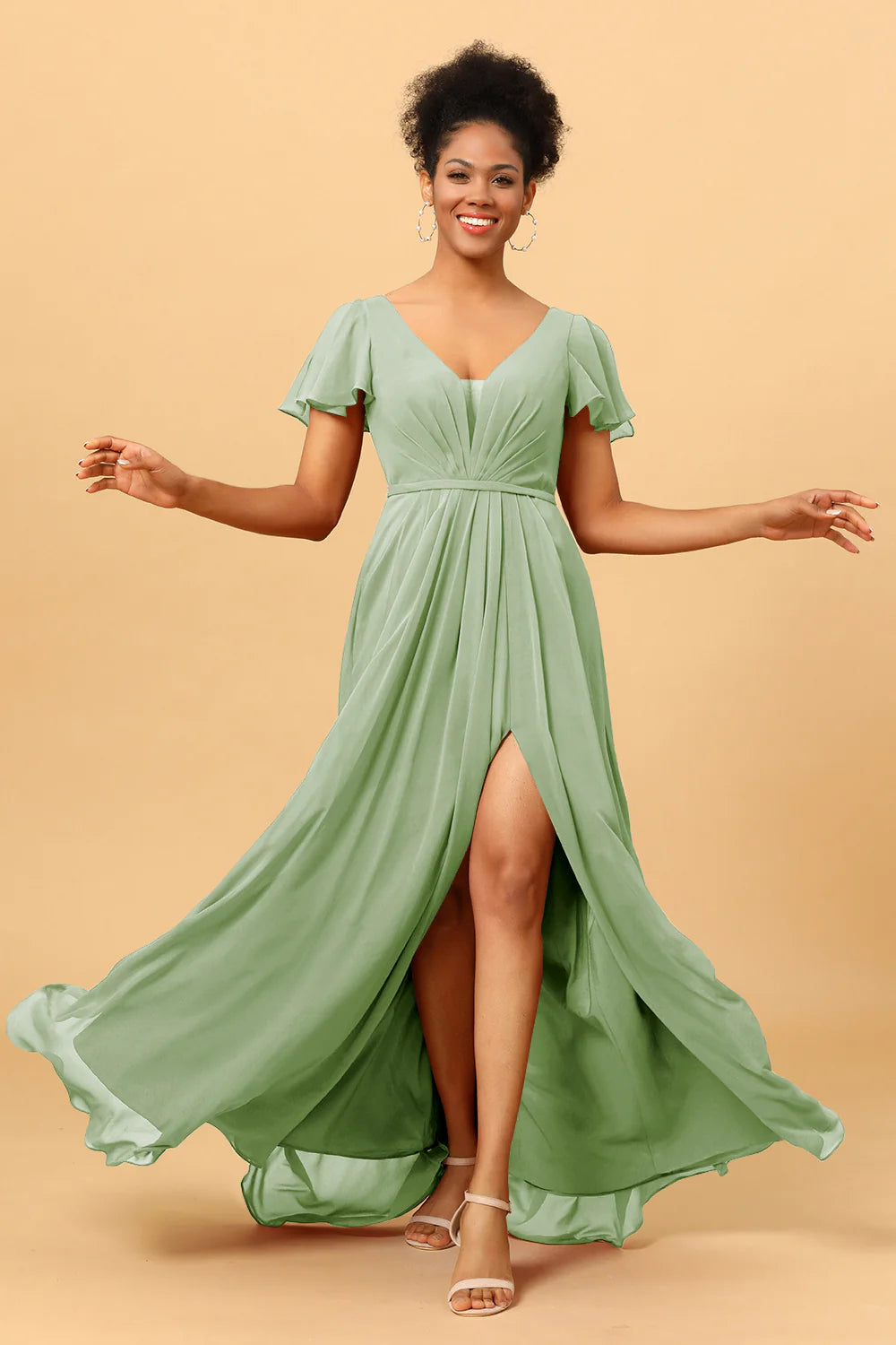 A Line V Neck Ruched Long Chiffon Bridesmaid Dress with Slit
