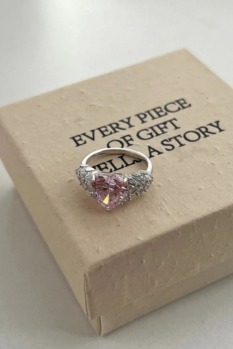 Sterling Silver Pink Heart Zircon Luxury Half Setting Ring