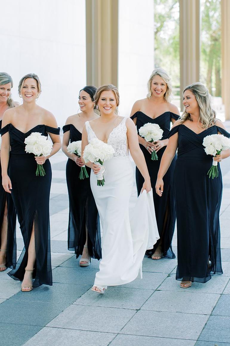 Black Mermaid Off Shoulder Side Slit V Neck Chiffon Long Bridesmaid Dress