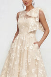 Floral Apricot A Line Bowed Midi Wedding Guest Dress