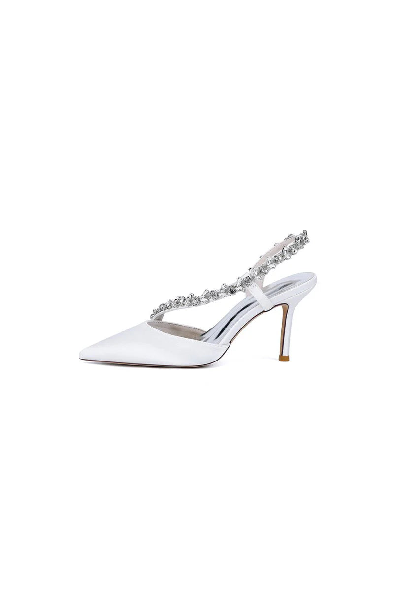 White Satin High Heels with Crystal Embellishments