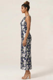 Navy Flower Sheath Printed Ankle Length Wedding Guest Dress with Slit