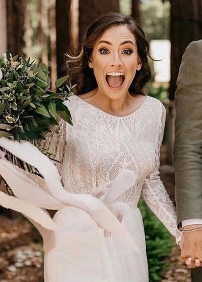 Beach Gorgeous Lace A Line Appliqued Open Back Wedding Dress With Long Sleeves