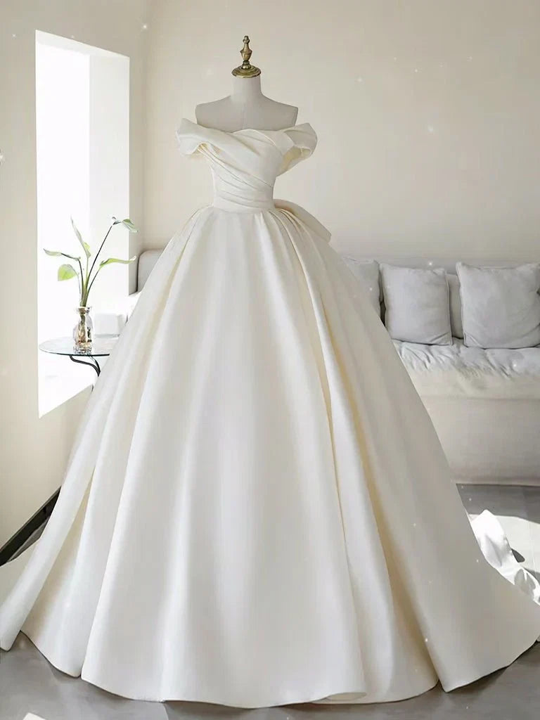 Simple A line Off The Shoulder Satin ivory Long Wedding Dress
