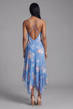 Blue Floral Spaghetti Straps A Line Midi Wedding Guest Dress