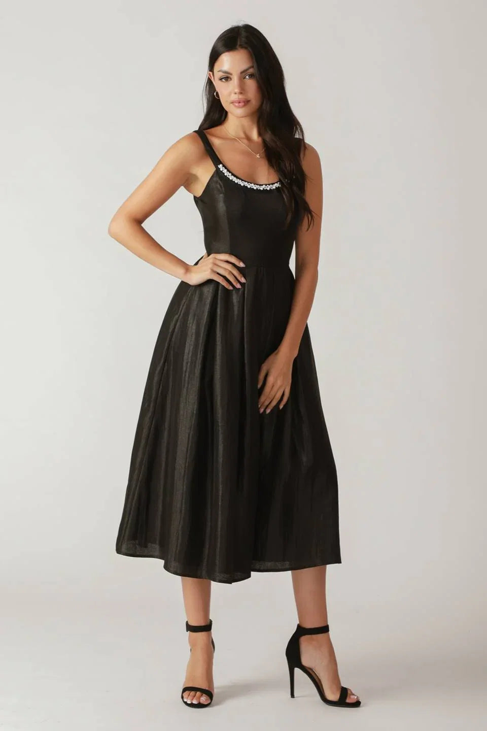 PEARL TRIM BLACK SATIN MIDI DRESS