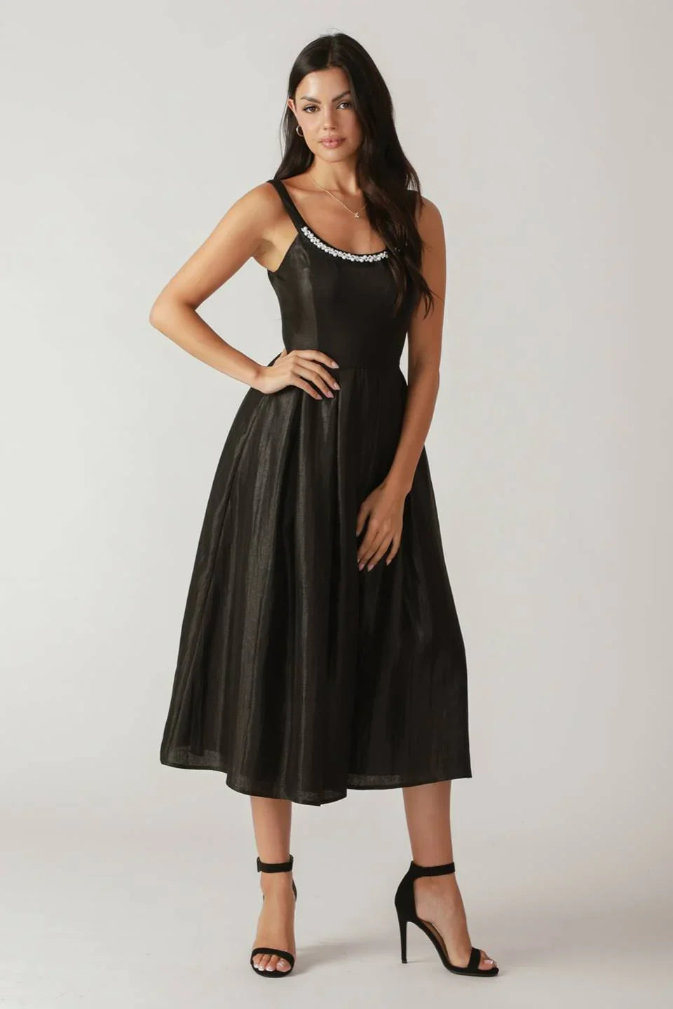 PEARL TRIM BLACK SATIN MIDI DRESS FINAL SALE
