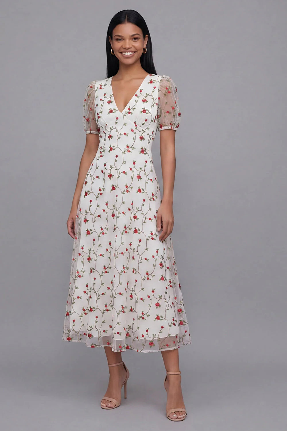White Floral A Line Midi Wedding Guest Dress with Short Sleeves