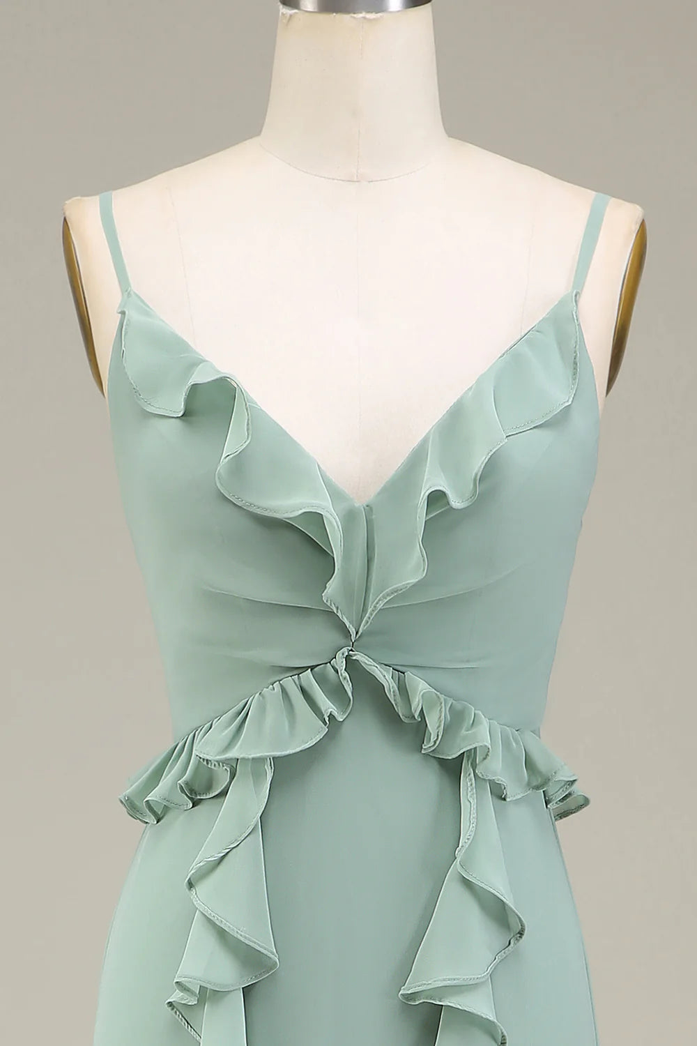 Matcha Spaghetti Straps Chiffon Bohemian Bridesmaid Dress With Ruffle Slit