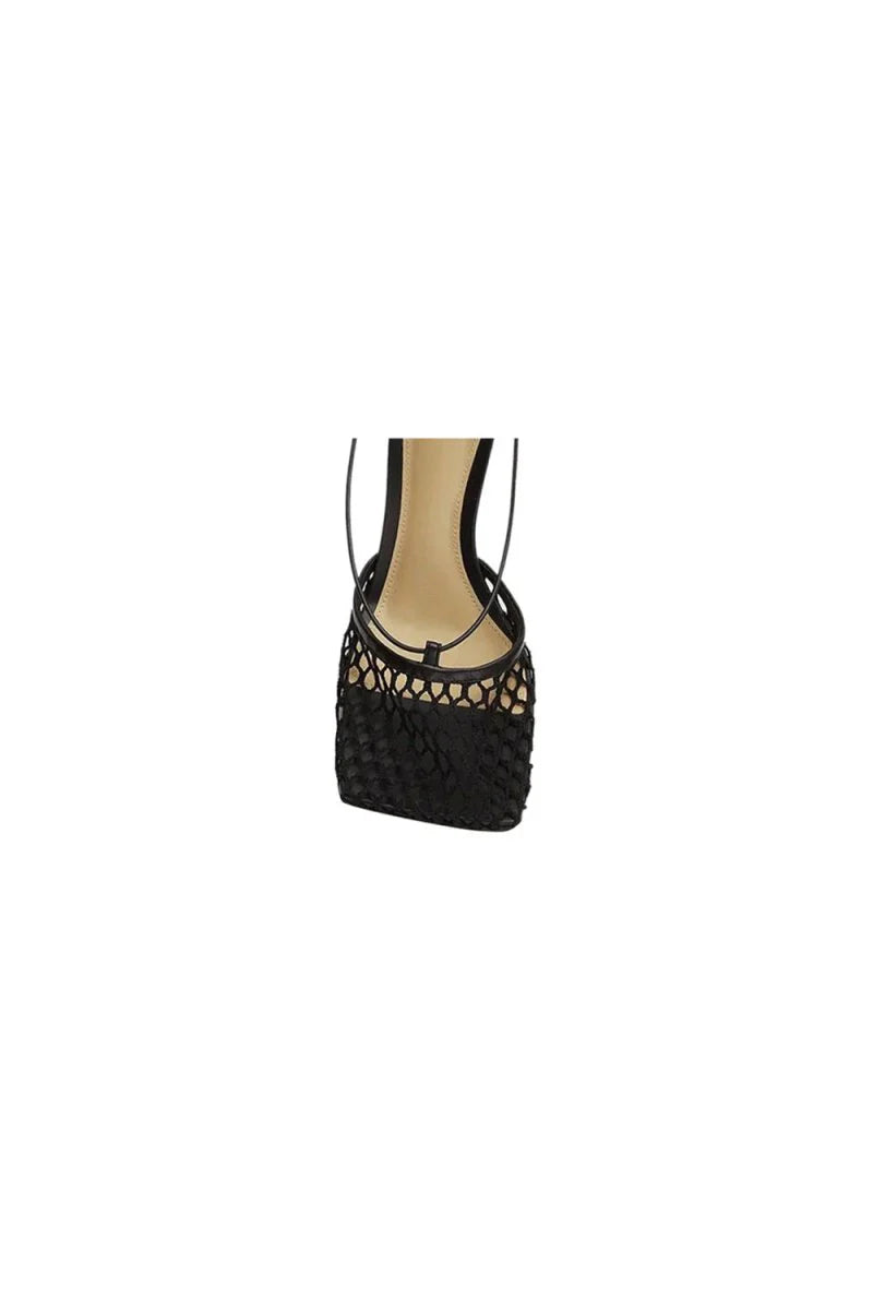 Yellow Stiletto Heel Lace Up Fishnet High Heel Sandals