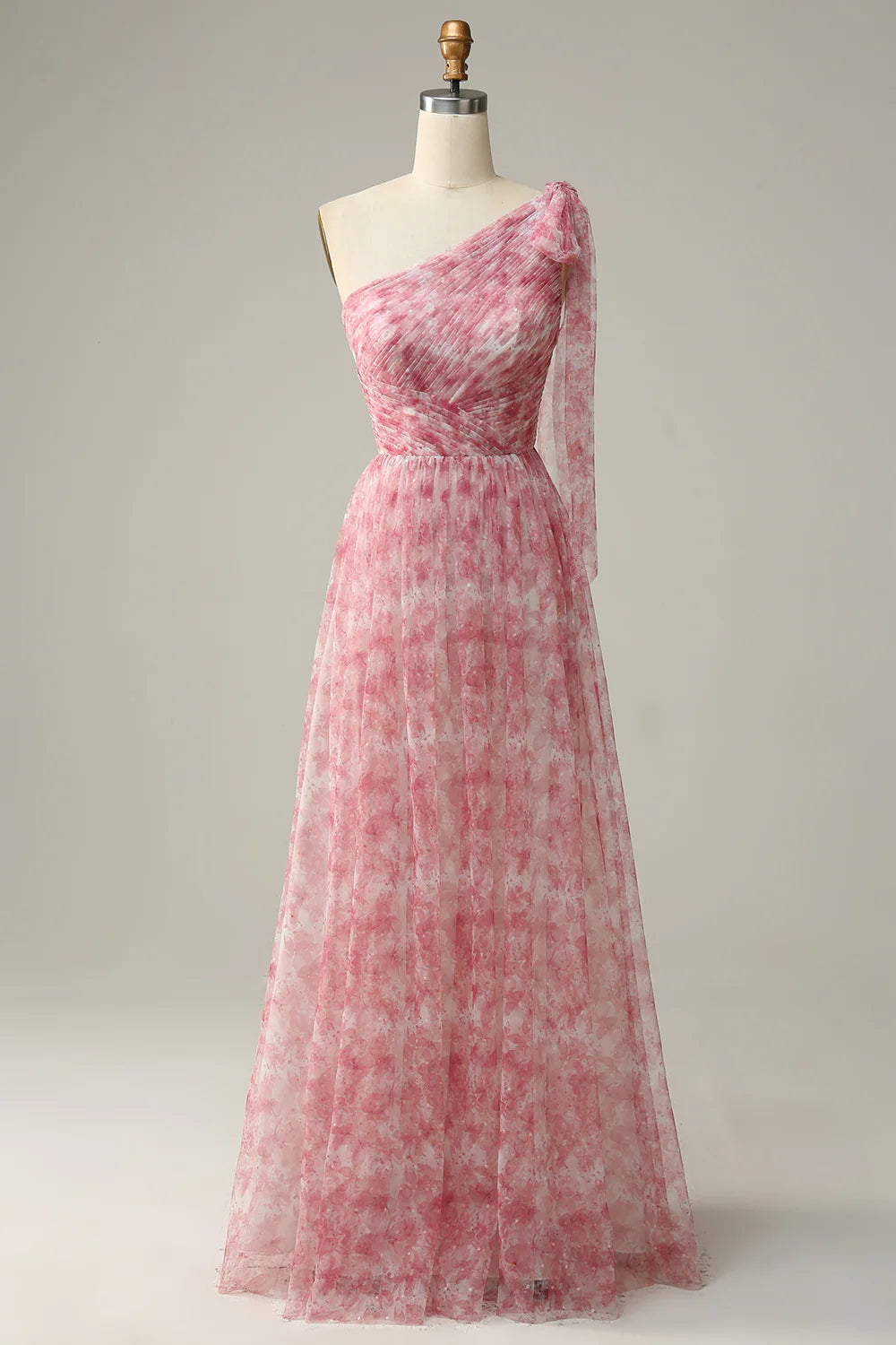 Red A Line One Shoulder Floor Length Print Tulle Bridesmaid Dress