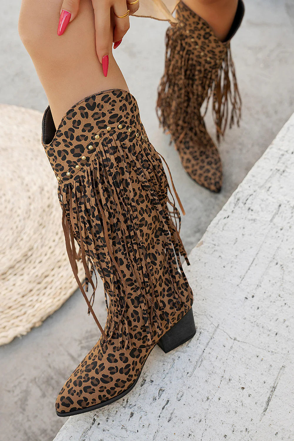 Black Fringe Studded Mid Calf Cowboy Boots