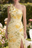 Sheath Floral One Shoulder Yellow Wedding Guest Dress with Slit
