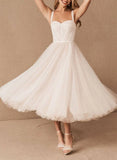 A Line Sweetheart Sleeveless Tulle Tea Length Wedding Dresses With Pleated