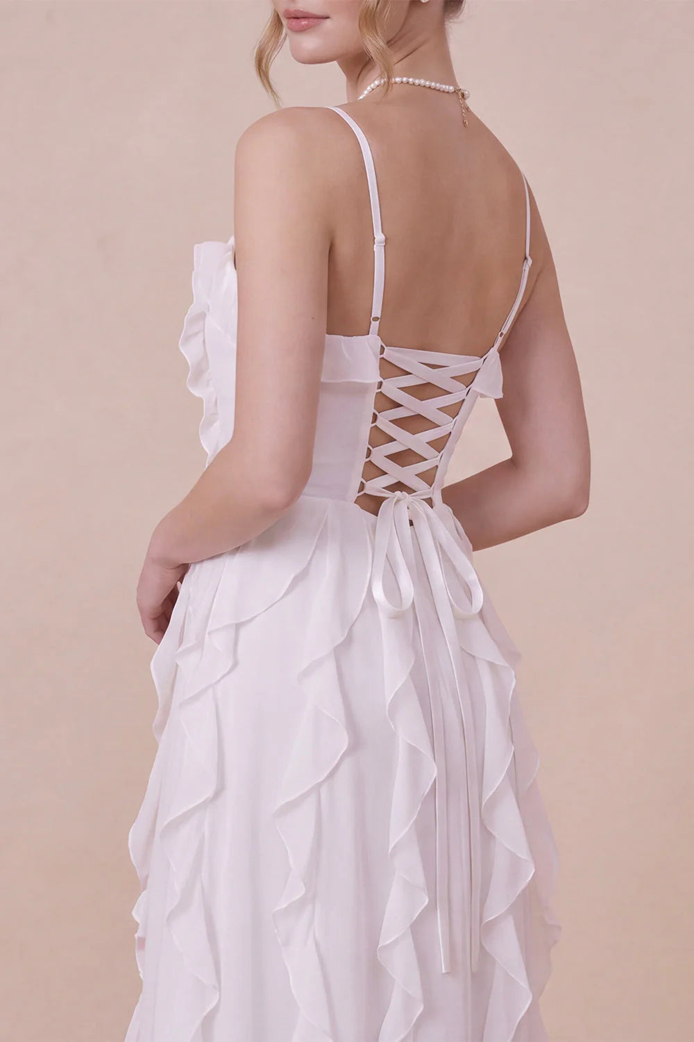 White Ruffled Spaghetti Straps A Line Midi Dress with Lace up Back