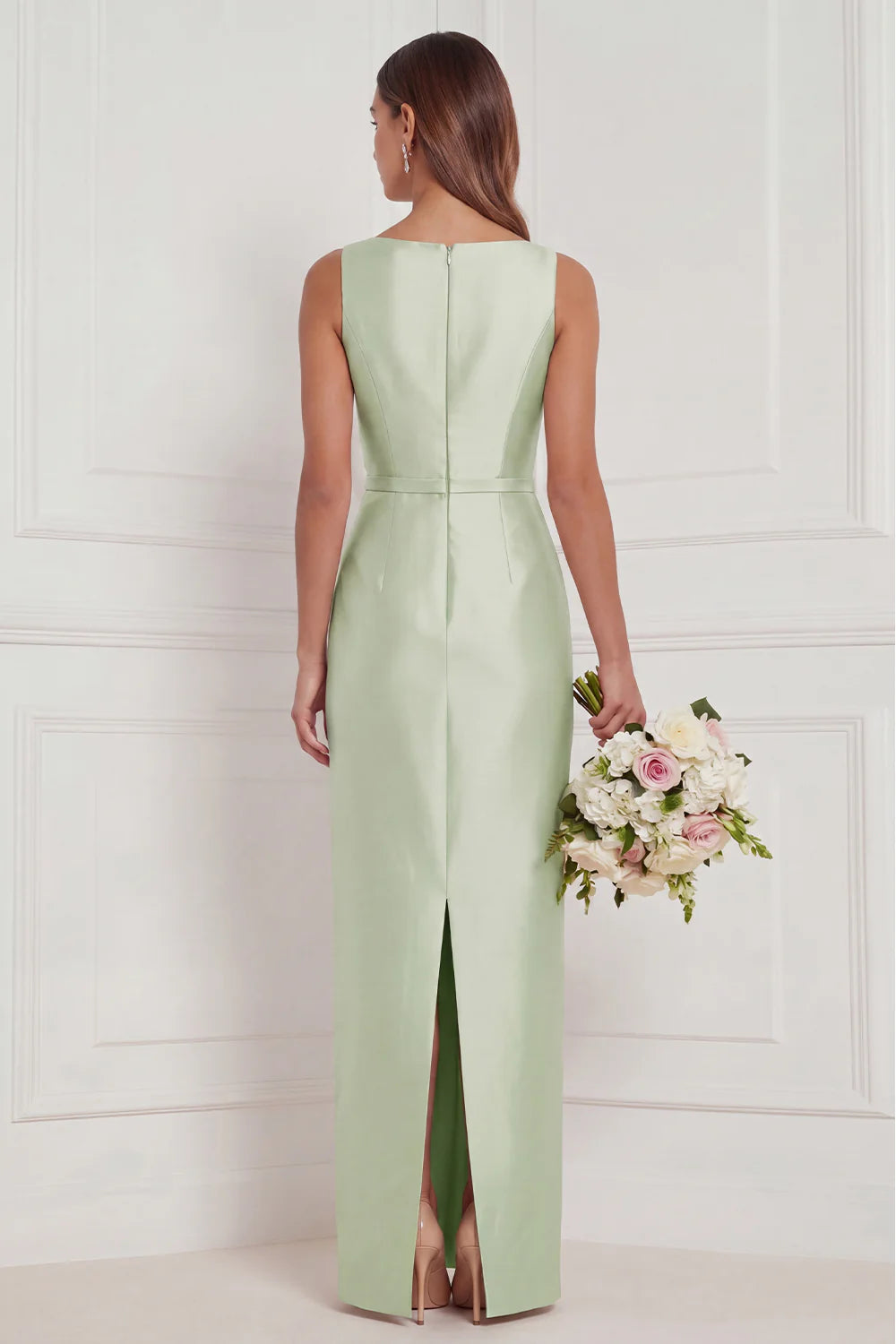 Sage Green Sheath Bateau Neck Satin Bridesmaid Dress