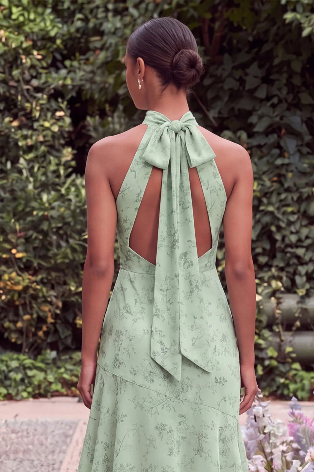 Sage Halter Keyhole Asymmetrical Floral Wedding Guest Dress