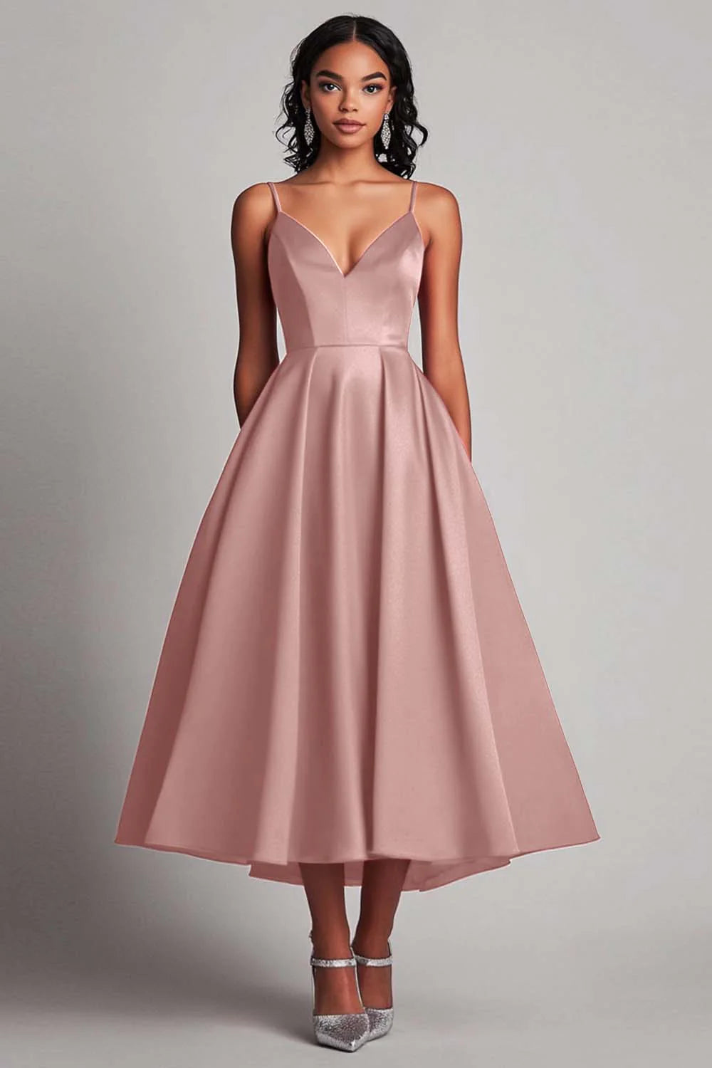 Black A Line Satin Spaghetti Straps Formal Dress